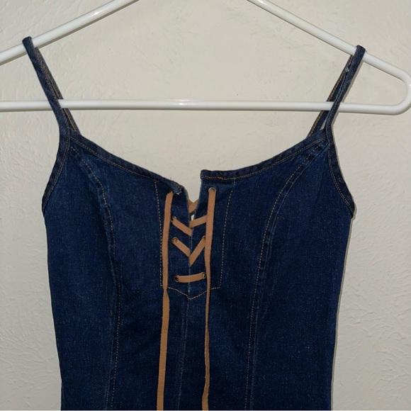 Helium Y2K vintage lace-up stretchy dark denim jean short mini dress front slit - Picture 5 of 11